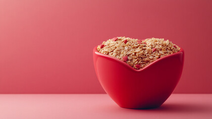 Heart-shaped bowl filled with colorful cereal against a pink background