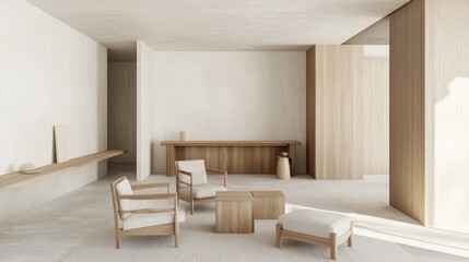 Fototapeta premium Light-filled Nordic living room with minimalist furniture, wooden accents, and modern lighting