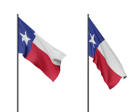 Two Texas state flags on flagpoles waving elegantly. Isolated on a plain white background, symbolizing national pride and government. 3D Rendering