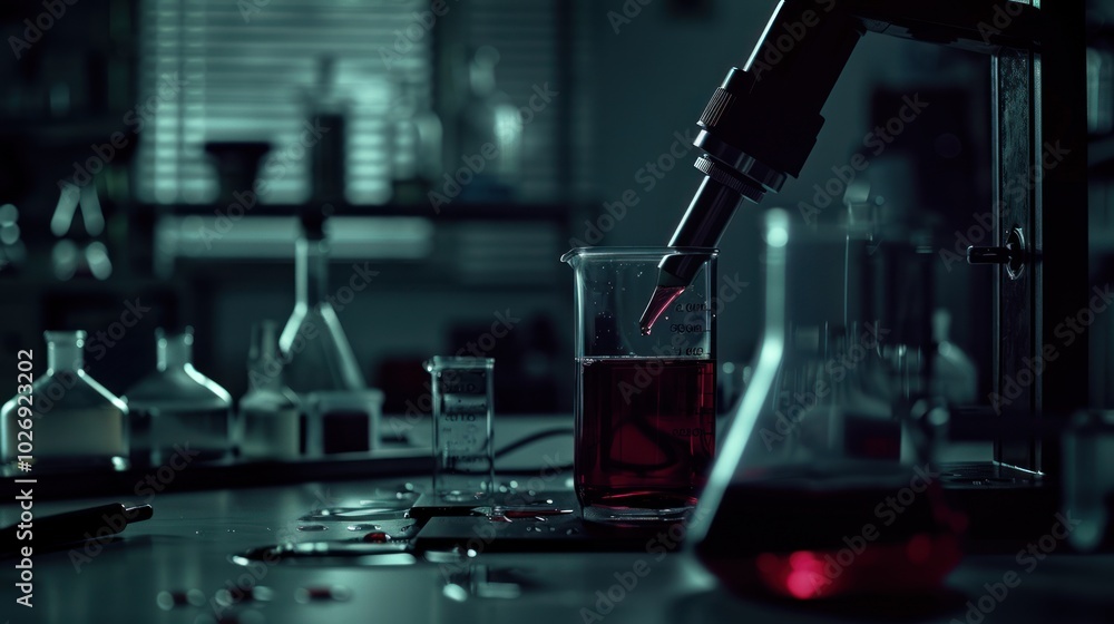 Aufkleber a close-up of a dropper adding a red liquid to a beaker in a laboratory setting