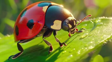 A Red and Black Ladybug on a Green Leaf