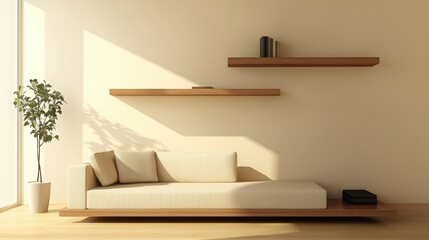 Earth-toned living room interior with wooden shelves, neutral sofa, and simple decor