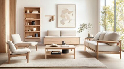 Modern living room in natural colors featuring light wood furniture and soft beige textiles