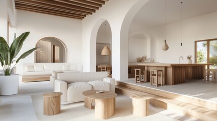 Living room with a natural color palette, including wooden furniture and light-colored decor