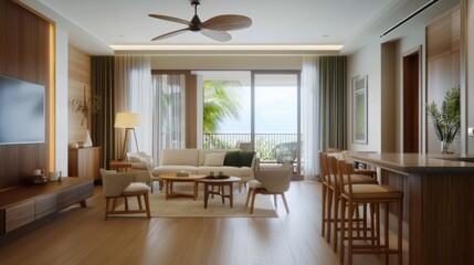 Cozy living room decorated in natural colors with earth-toned furniture and green accents