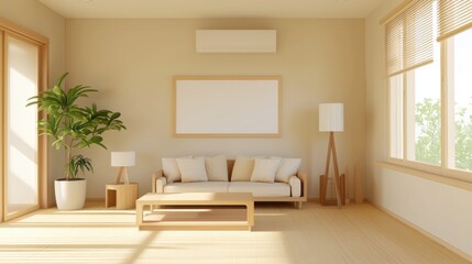 Fototapeta premium Living room interior with natural tones featuring beige walls, wooden furniture, and soft lighting