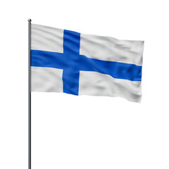 Obraz premium Finland national flag with a blue cross on a white field waving on a flagpole, shown against a white background. Concept of patriotism. 3D Rendering