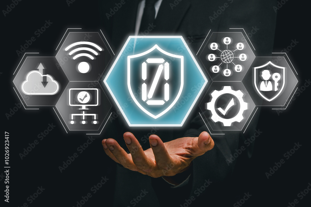 Poster illustration of zero trust security model with digital shield and network icons, emphasizing cyberse