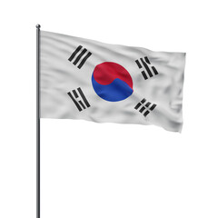 The South Korean national flag waving in the wind on a flagpole. Simple design on a white...