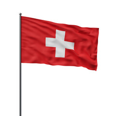 Red flag with a white cross waving on a flagpole, isolated on a white background. Symbol of Switzerland, national pride, celebration. 3D Rendering