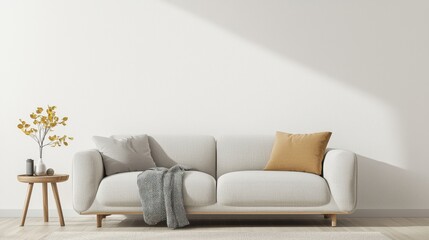 Fototapeta premium Cozy Scandi living room with a light grey sofa, wooden side table, and a soft throw blanket
