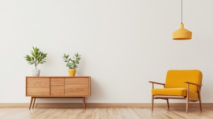 Minimalist living room with neutral tones, wooden flooring, and mid-century modern furniture with simple decorative accents