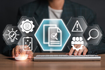 Visual representation of internal audit with digital icons symbolizing analysis, compliance, and risk management.