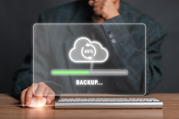 Illustration of a digital backup process with a cloud storage progress bar, symbolizing data...