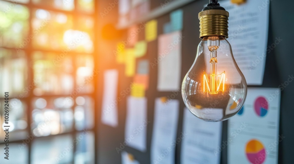 Poster a bright light bulb in focus with a wall of notes and data charts in the background, representing th