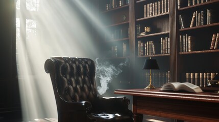 Cozy Vintage Study Haven: Relaxed Atmosphere with Wooden Desk, Leather Armchair & Classic Books in Ultra-Detailed, Cinematic Light
