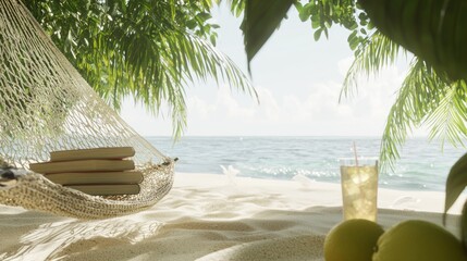 Tranquil Escape: Beachside Reading Nook with Hammock, Novels, and Drink under Cinematic Light