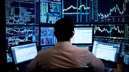 Investor in an office setting studying stock market charts on a large desktop display