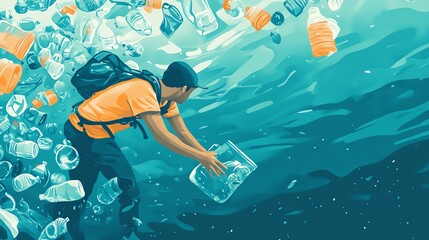 A diver collects plastic waste underwater, illustrating the importance of ocean conservation and environmental awareness.