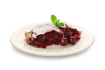 Plate with piece of tasty cherry strudel on white background, closeup