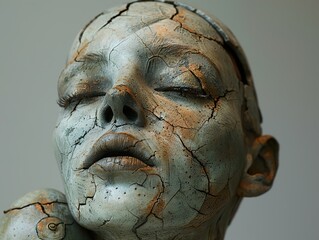 Close Up of Cracked Ceramic Sculpture of a Human Face