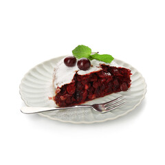 Plate with piece of tasty cherry strudel on white background, closeup