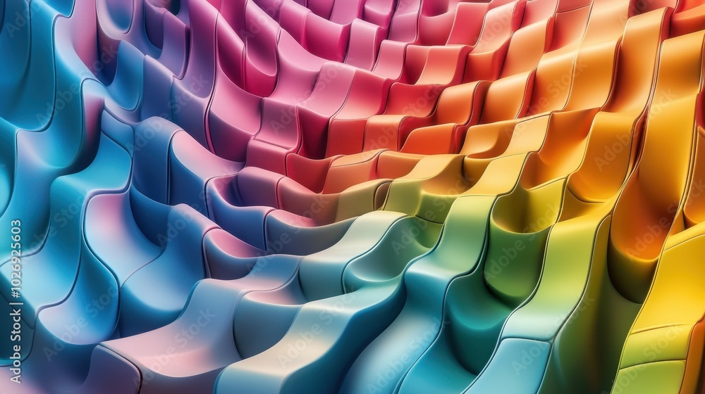 Poster a colorful wavy surface composed of square tiles, rippling in a geometric cubism style, creating a v