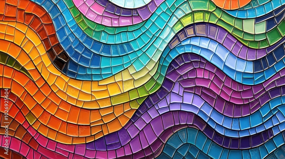 Poster a colorful wavy surface composed of square tiles, rippling in a geometric cubism style, creating a v
