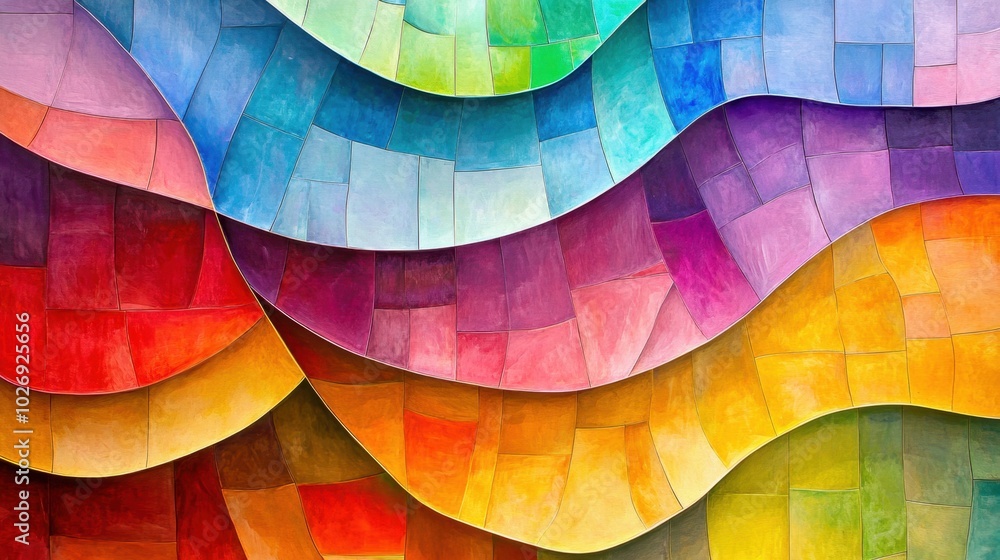 Poster a colorful wavy surface composed of square tiles, rippling in a geometric cubism style, creating a v