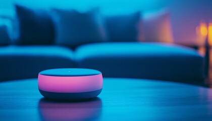 Modern Smart Home Assistant in Cozy Living Room Setting with Voice Command Capability Close Up