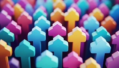 Obraz premium Seamless Data Migration Journey: Colorful 3D Arrows and Clouds in Animated Illustration