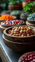 Close-up of Assorted Spices and Grains in Wooden Bowls