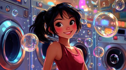 A fun and bubbly laundromat scene with an Asian girl enjoying her time while doing laundry, surrounded by floating bubbles.