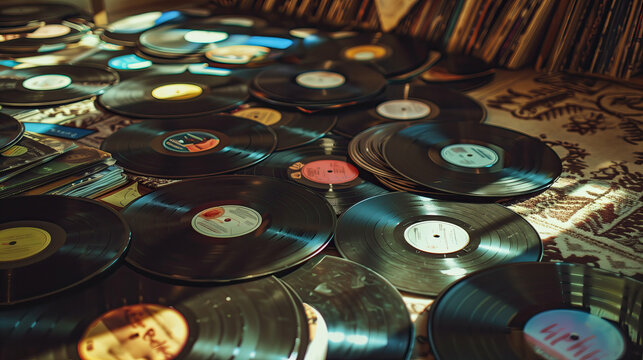 Collection of vintage vinyl records from the 70's,80's.Retro vibe in warm colors,evoking a sense of nostalgia,music and culture of the past