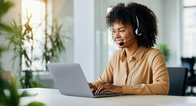 Smiling african american woman, customer service representative working at desk with laptop.