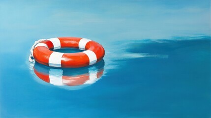 Naklejka premium A life preserver in red and white hues drifts on still, blue water, capturing a moment of calm on the open sea or pool.