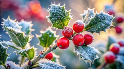 Frosted Holly Berries on a Blurred Winter Background - Aerial View for Seasonal Decor