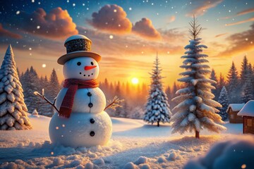 Obraz premium Frosty Winter Wonderland: A Charming Snowman in a Frosty Landscape