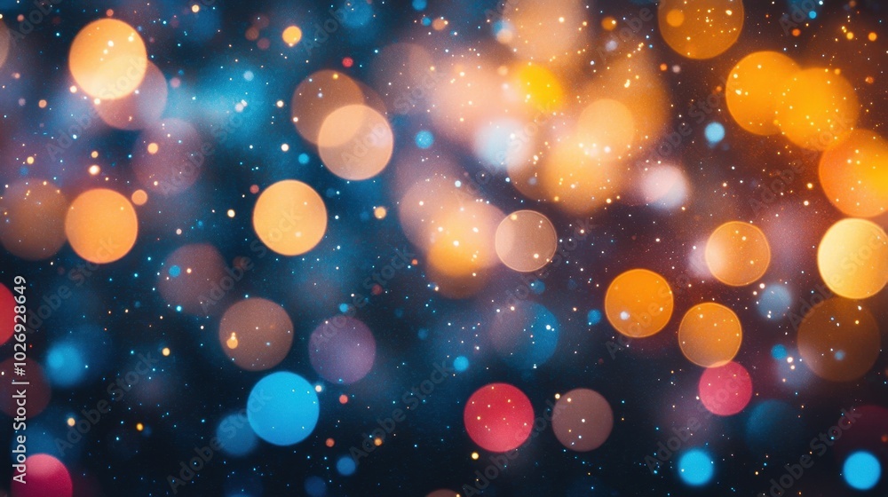 Poster a playful pattern of colorful dots and circles against a black backdrop, evoking a dynamic bokeh eff