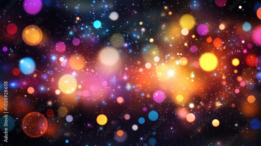 Poster a playful pattern of colorful dots and circles against a black backdrop, evoking a dynamic bokeh eff