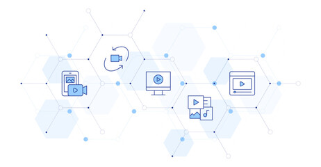 Video Banner Vector Illustration with Icon Style in Between. Line Duotone icon. Containing degree, elearning, make video, multimedia, video