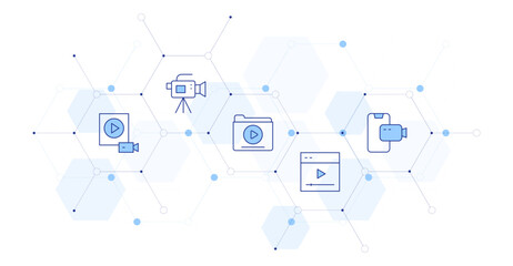 Video Banner Vector Illustration with Icon Style in Between. Line Duotone icon. Containing video call, video, video folder, video camera