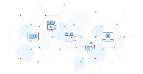 Video Banner Vector Illustration with Icon Style in Between. Line Duotone icon. Containing video camera, video call, laptop