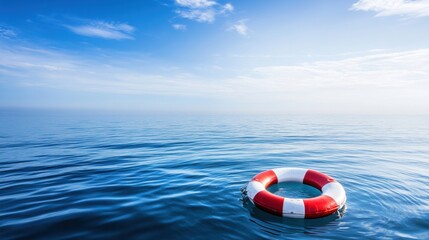 Naklejka premium A red and white life preserver floating in the middle of a calm blue ocean, symbolizing security and safety at sea.