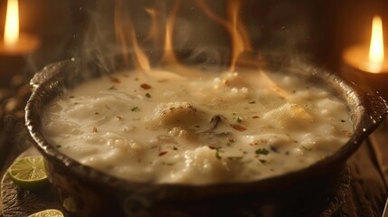 Steaming Bowl of Creamy Soup with Garnish and Lime Wedges