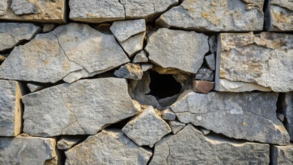 Close up of a broken black and grey stone wall with cracks and holes , stone, wall, black, grey, cracked, broken, texture