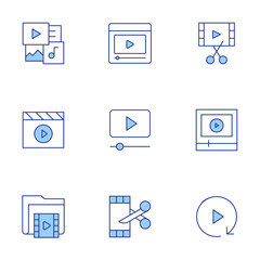 Video icons set. Line Duotone style, editable stroke. multimedia, video, video folder, advertising, film editing, online learning