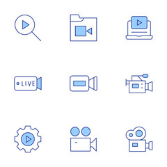 Video icons set. Line Duotone style, editable stroke. video camera, video, live, settings