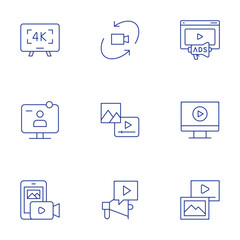 Video icons set. Thin Line style, editable stroke. 4K , degree, ads, conference, content, elearning, make video, megaphone, multimedia