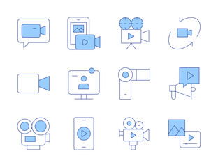 Video icons. Line Duotone style, editable stroke. degree, conference, content, make video, megaphone, smartphone, video camera, video call